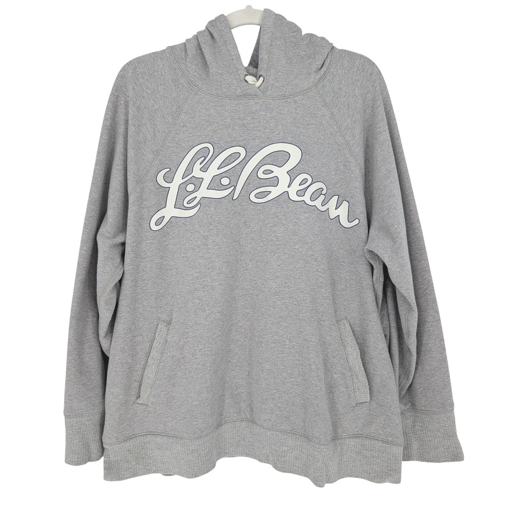 LL Bean Hoodie Womens 1X Plus Gray Script Logo Pullover Cotton Blend Gorpcore